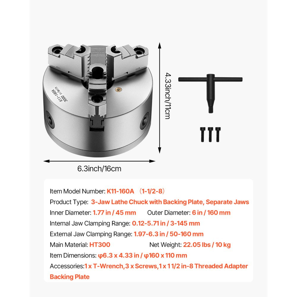 VEVOR 3-Jaw Lathe Chuck, 6 Inch (160 mm), Self-Centering Chuck with 1 1/2 in-8 Threaded Backing Plate, 0.12-5.71 in (3-145 mm) Clamping Range with T-wrench Screws, HT300 Material, for Wood Metal Lathe