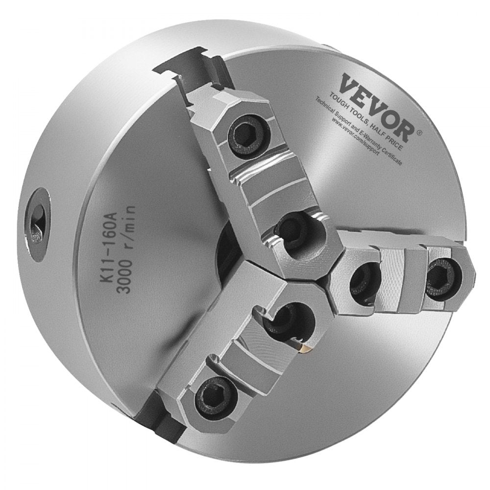 VEVOR 3-Jaw Lathe Chuck, 6 Inch (160 mm), Self-Centering Chuck with 1 1/2 in-8 Threaded Backing Plate, 0.12-5.71 in (3-145 mm) Clamping Range with T-wrench Screws, HT300 Material, for Wood Metal Lathe