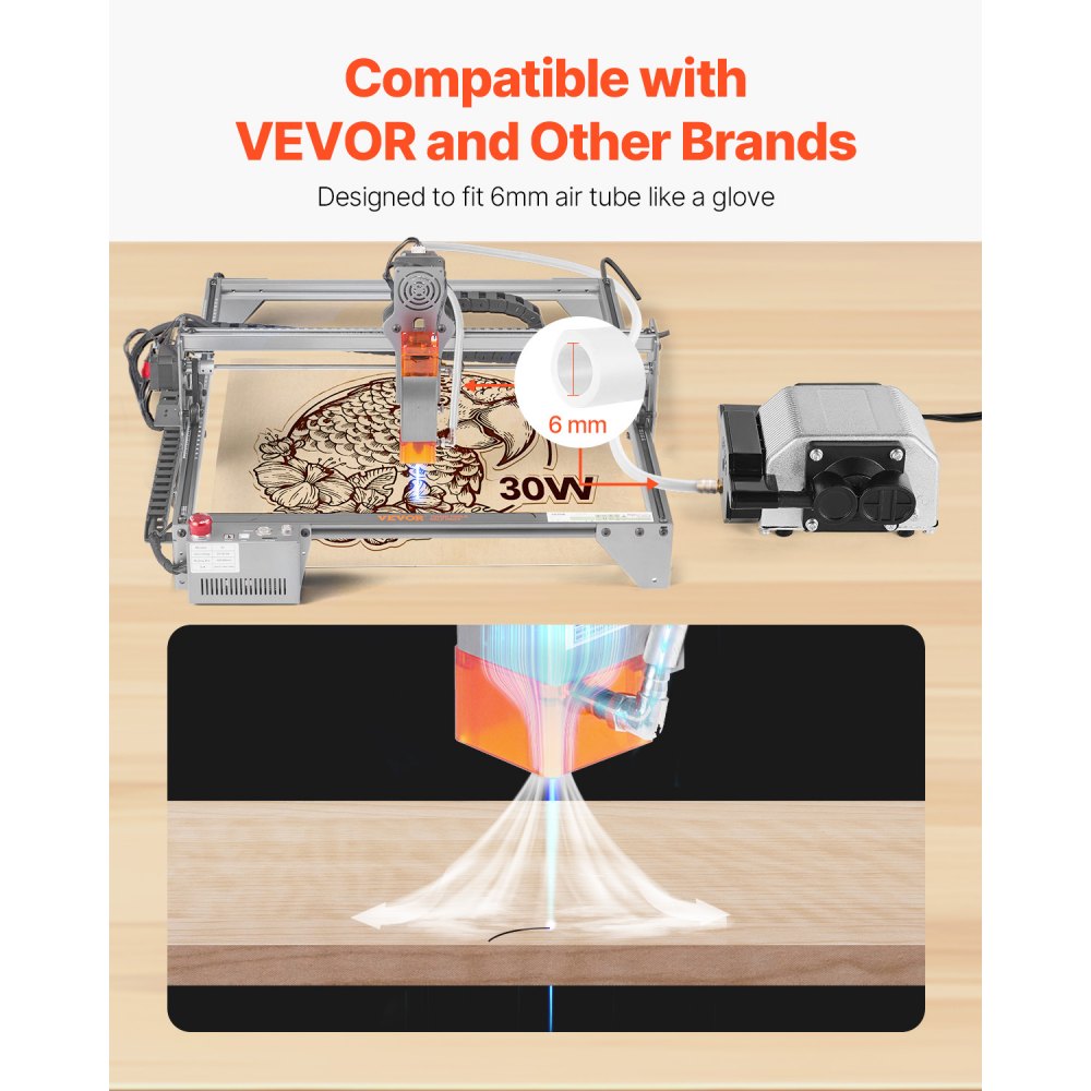 VEVOR Air Assist, Adjustable 30 L/min Airflow, Air Assist Pump Kit for Laser Cutter and Engraver, Clear Smoke and Dust, Reduce Surface Temperature, Shield Laser Lens, for Laser Engraving Wood Metal