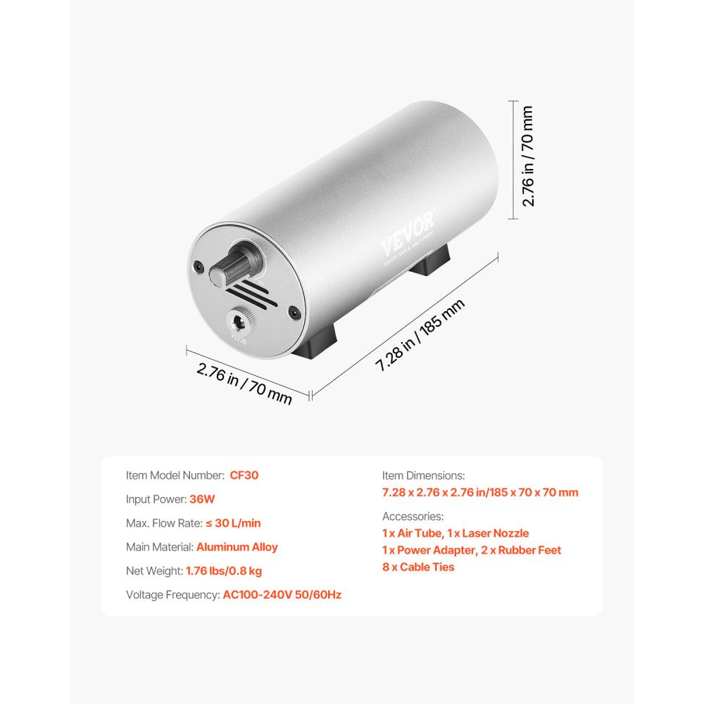 VEVOR Air Assist, Adjustable 30 L/min Airflow, Air Assist Pump Kit for Laser Cutter and Engraver, Clear Smoke and Dust, Reduce Surface Temperature, Shield Laser Lens, for Laser Engraver ≥ 20W
