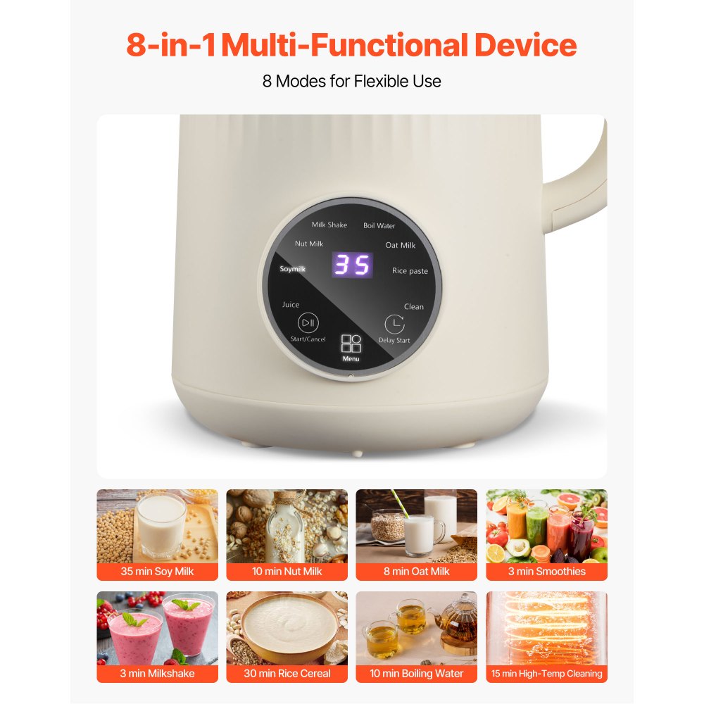 VEVOR 8-in-1 Nut Milk Maker, 34 oz Soy Milk Maker with 180W Blending, for Homemade Oat, Nut, Soy, Juice, Milkshake, Rice Cereal, Plant-Based Beverages with Self-Cleaning, Boil Water, 12-Hour Delay