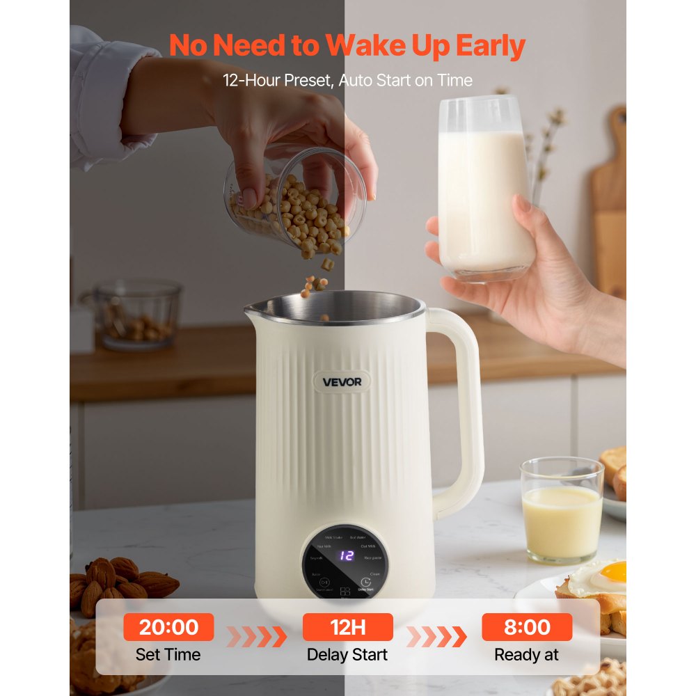 VEVOR 8-in-1 Nut Milk Maker, 34 oz Soy Milk Maker with 180W Blending, for Homemade Oat, Nut, Soy, Juice, Milkshake, Rice Cereal, Plant-Based Beverages with Self-Cleaning, Boil Water, 12-Hour Delay