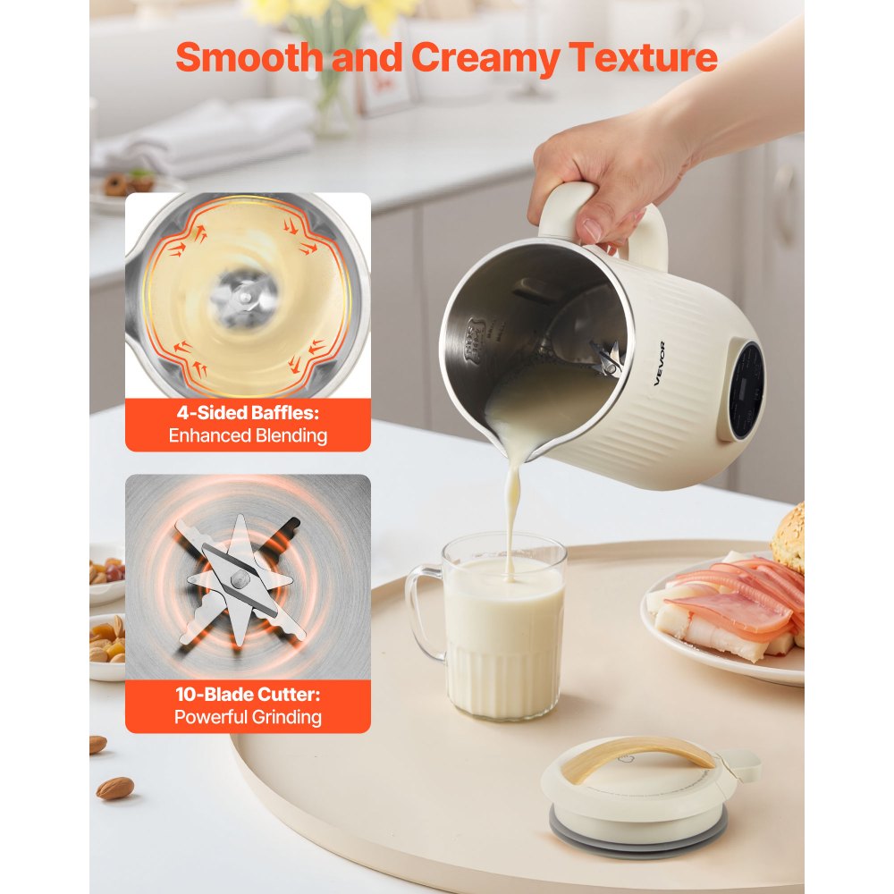 VEVOR 8-in-1 Nut Milk Maker, 34 oz Soy Milk Maker with 180W Blending, for Homemade Oat, Nut, Soy, Juice, Milkshake, Rice Cereal, Plant-Based Beverages with Self-Cleaning, Boil Water, 12-Hour Delay