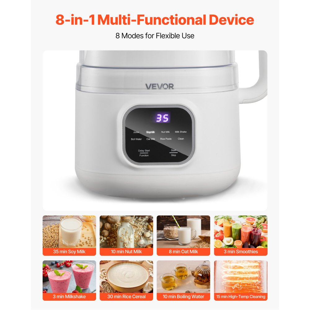 VEVOR 8-in-1 Nut Milk Maker, 34 oz Soy Milk Maker with 200W Blending, for Homemade Oat, Nut, Soy, Juice, Milkshake, Rice Cereal, Plant-Based Beverages with Self-Cleaning, Boil Water, 12-Hour Delay
