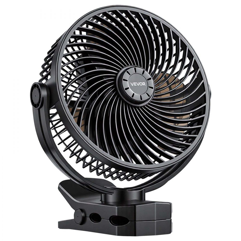 VEVOR Portable Clip Fan, Rechargeable Clip On Fan, USB Port with 3 Speeds & Circulation Mode, Strong Airflow Sturdy Clamp, Long Runtime for Desk, Golf Cart, Outdoor Camping Treadmill, Office, Black