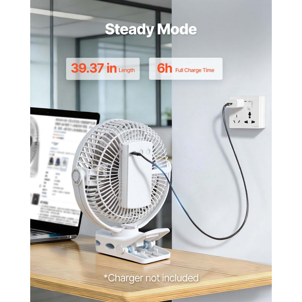 VEVOR Portable Clip Fan, Rechargeable Clip On Fan, USB Port with 3 Speeds & Circulation Mode, Strong Airflow Sturdy Clamp, Long Runtime for Desk, Golf Cart, Outdoor Camping Treadmill, Office, White