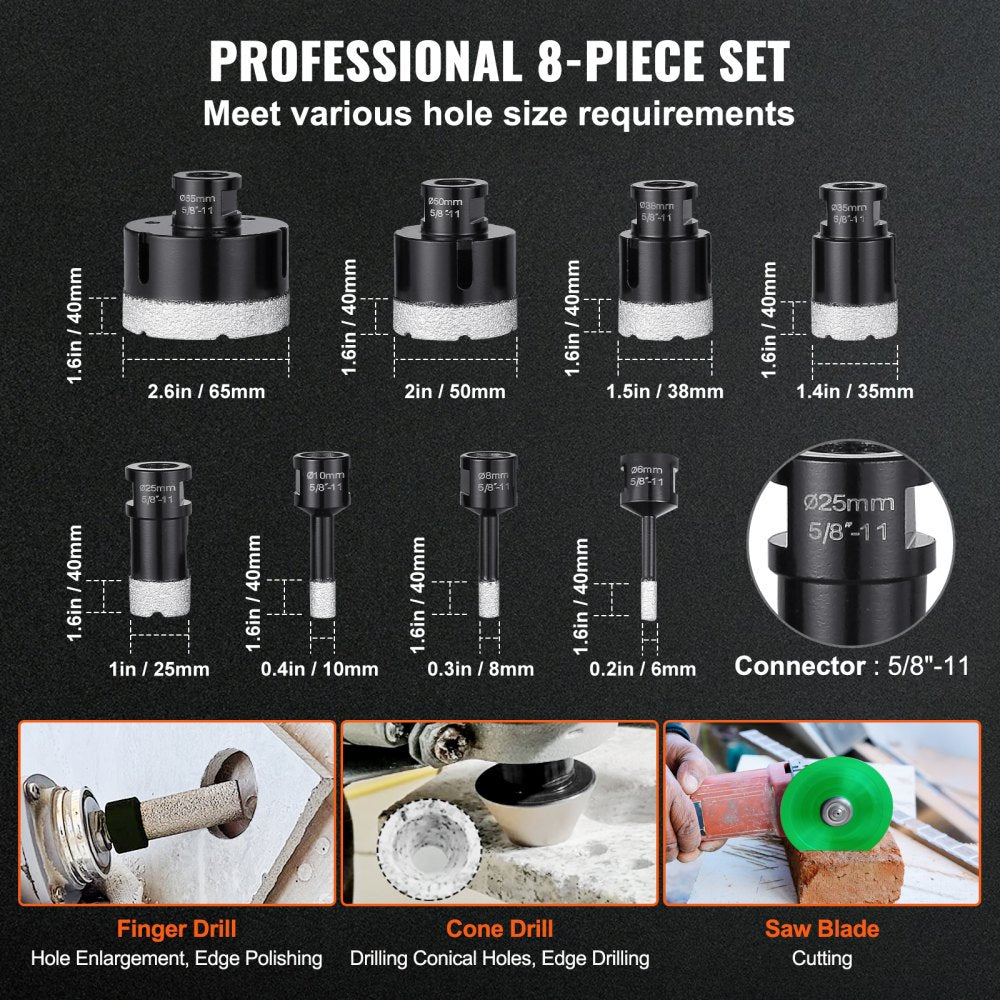 VEVOR Diamond Core Drill Bit Set, 8 PCS 6/8/10/25/35/38/50/65mm Diamond Hole Saw Kit, with Finger Milling Bit Cone Bit Saw Blade and Storage Case, for Dry and Wet, Diamond Drill Bits for Ceramic Tile