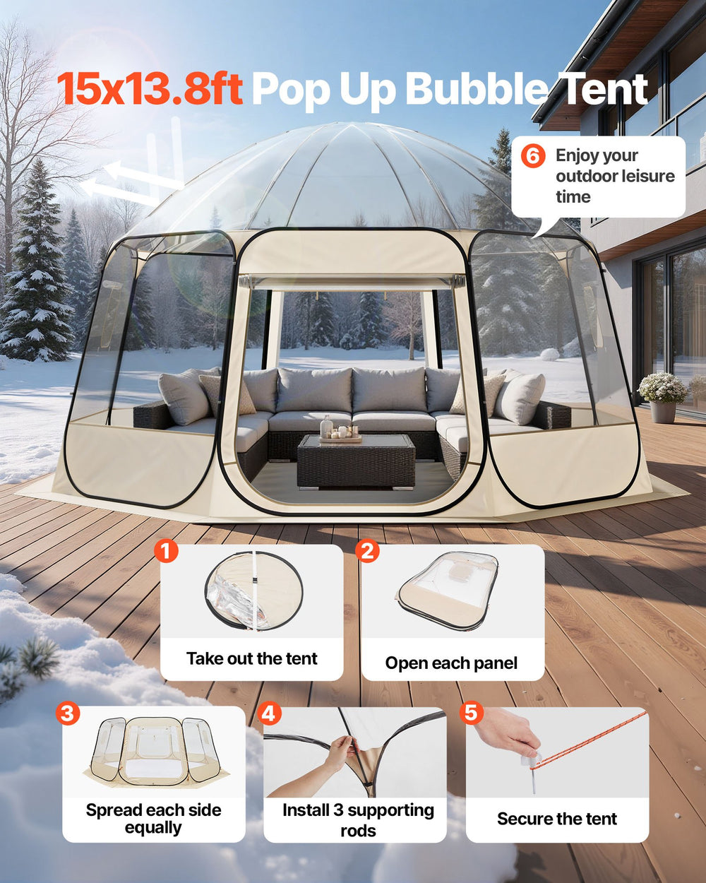 VEVOR Pop up Bubble Tent - setup steps graphic