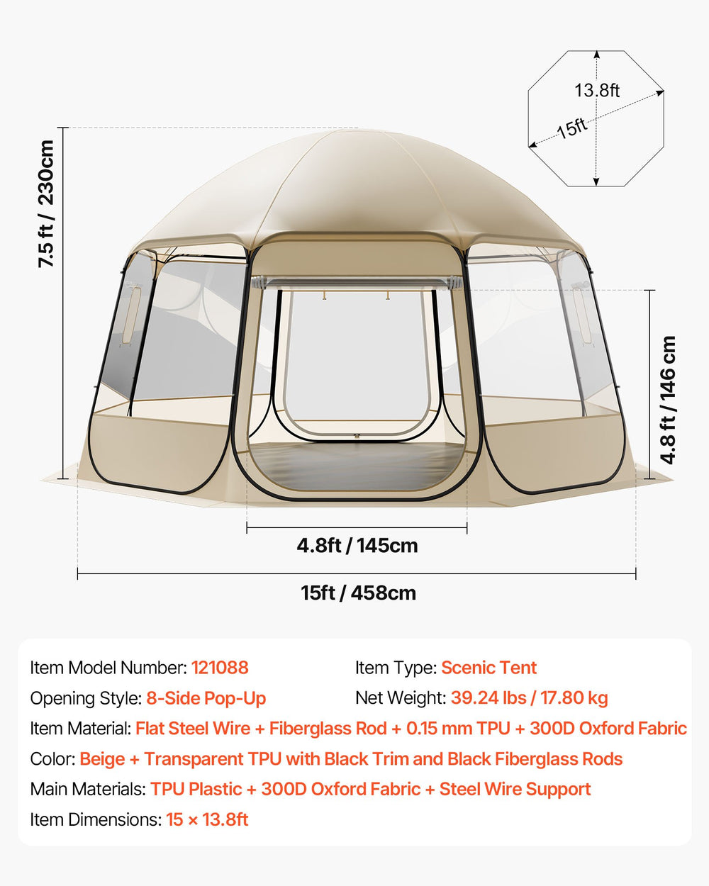 VEVOR Pop up Bubble Tent - dimensions and specifications diagram