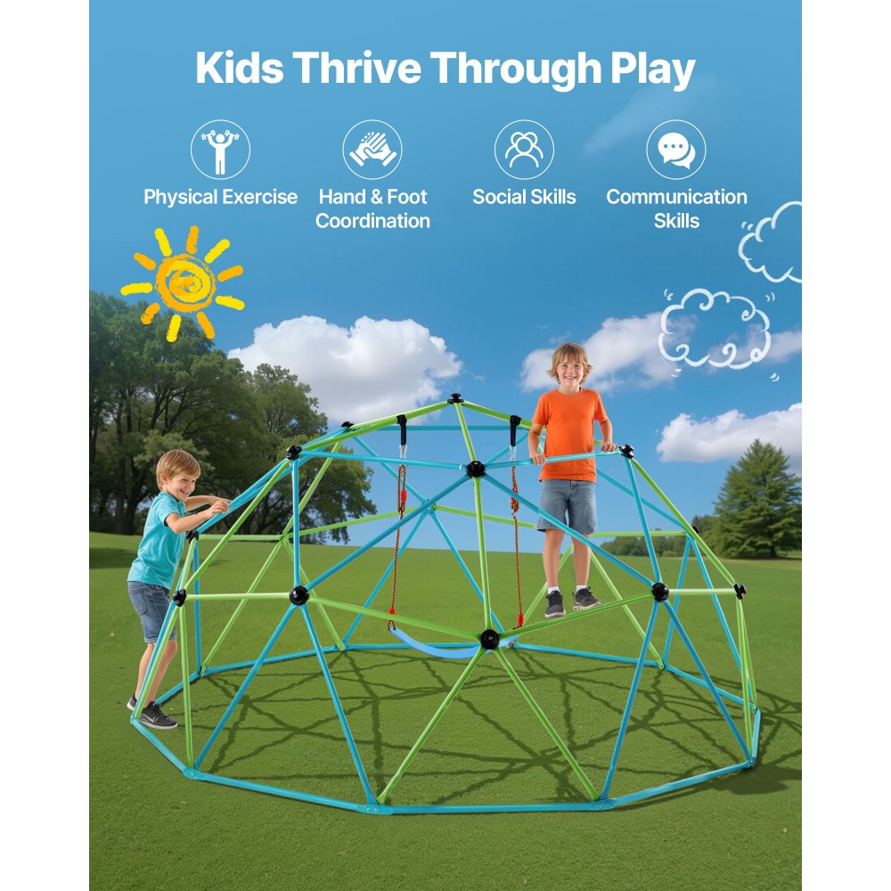 VEVOR Climbing Dome, 10FT Geometric Dome Climber with Swing & Hammock, 1000LBS Loading Kid's Jungle Gym Playground, Easy-Assembly Outdoor Backyard Climbing Equipment for Boys Girls 3 to 10 Years Old