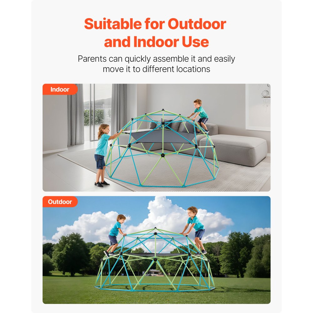 VEVOR Climbing Dome, 10FT Geometric Dome Climber with Swing & Hammock, 1000LBS Loading Kid's Jungle Gym Playground, Easy-Assembly Outdoor Backyard Climbing Equipment for Boys Girls 3 to 10 Years Old