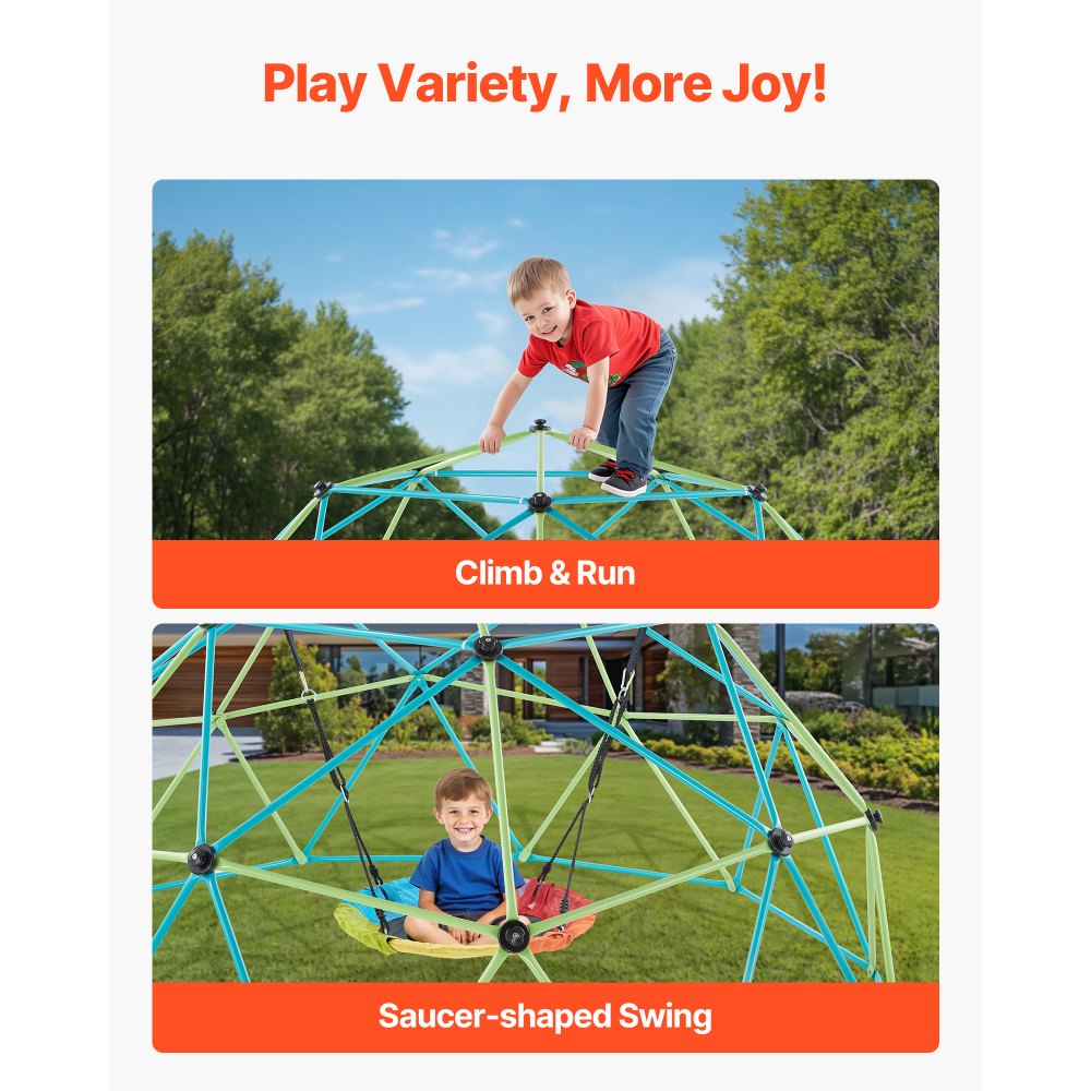 VEVOR Climbing Dome, 10FT Geometric Dome Climber with Saucer Swing, 1000LBS Loading Kid's Jungle Gym Playground, Easy-Assembly Outdoor Backyard Climbing Equipment for Boys Girls 3 to 10 Years Old