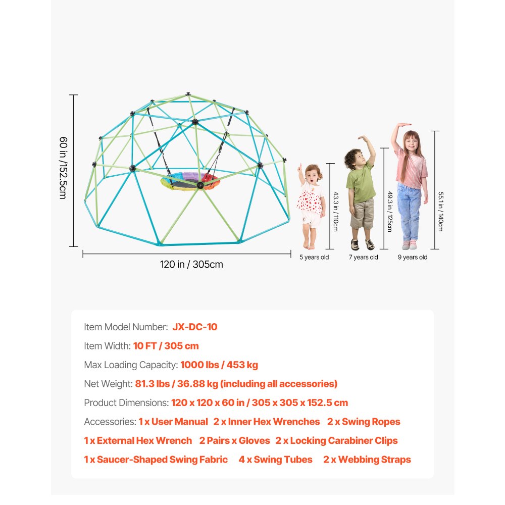 VEVOR Climbing Dome, 10FT Geometric Dome Climber with Saucer Swing, 1000LBS Loading Kid's Jungle Gym Playground, Easy-Assembly Outdoor Backyard Climbing Equipment for Boys Girls 3 to 10 Years Old