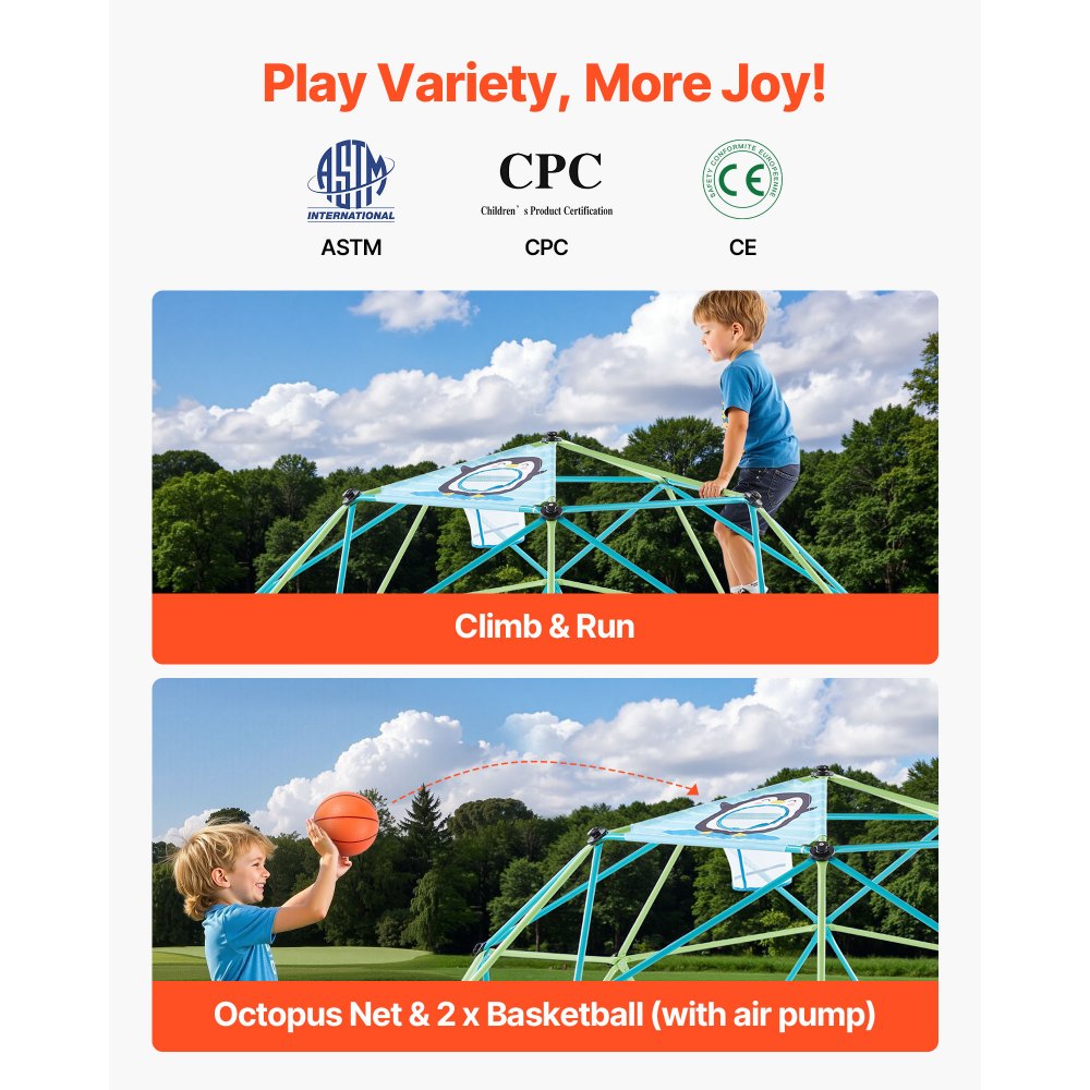 VEVOR Climbing Dome, 10FT Geometric Dome Climber for Kids, 1000LBS Loading Jungle Gym Playground with Octopus Net & 2 Basketballs, Easy-Assembly Outdoor Backyard Climbing Toys - Gift for Boys Girls