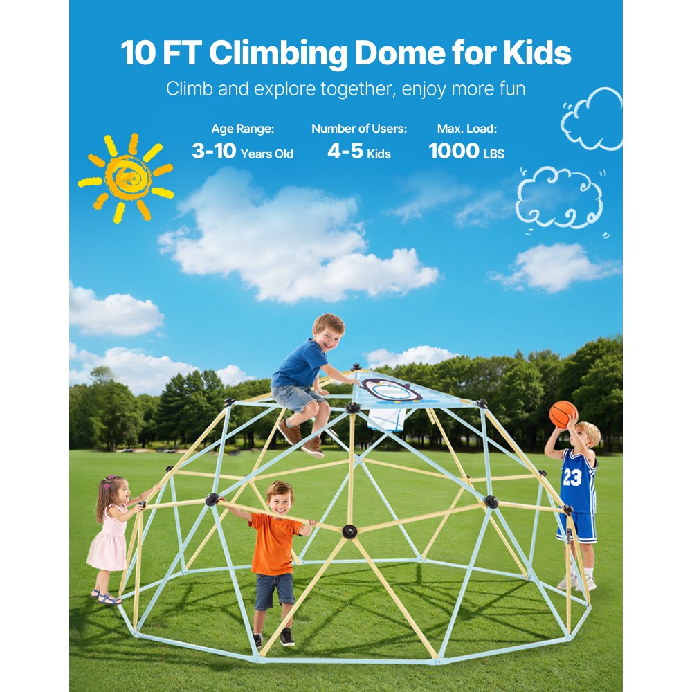 VEVOR Climbing Dome, 10FT Geometric Dome Climber, 1000LBS Loading Jungle Gym Playground with 2 Basketballs & Octopus Net, Easy-Assembly Outdoor Backyard Climbing Equipment for Kids 3 to 10 Years Old