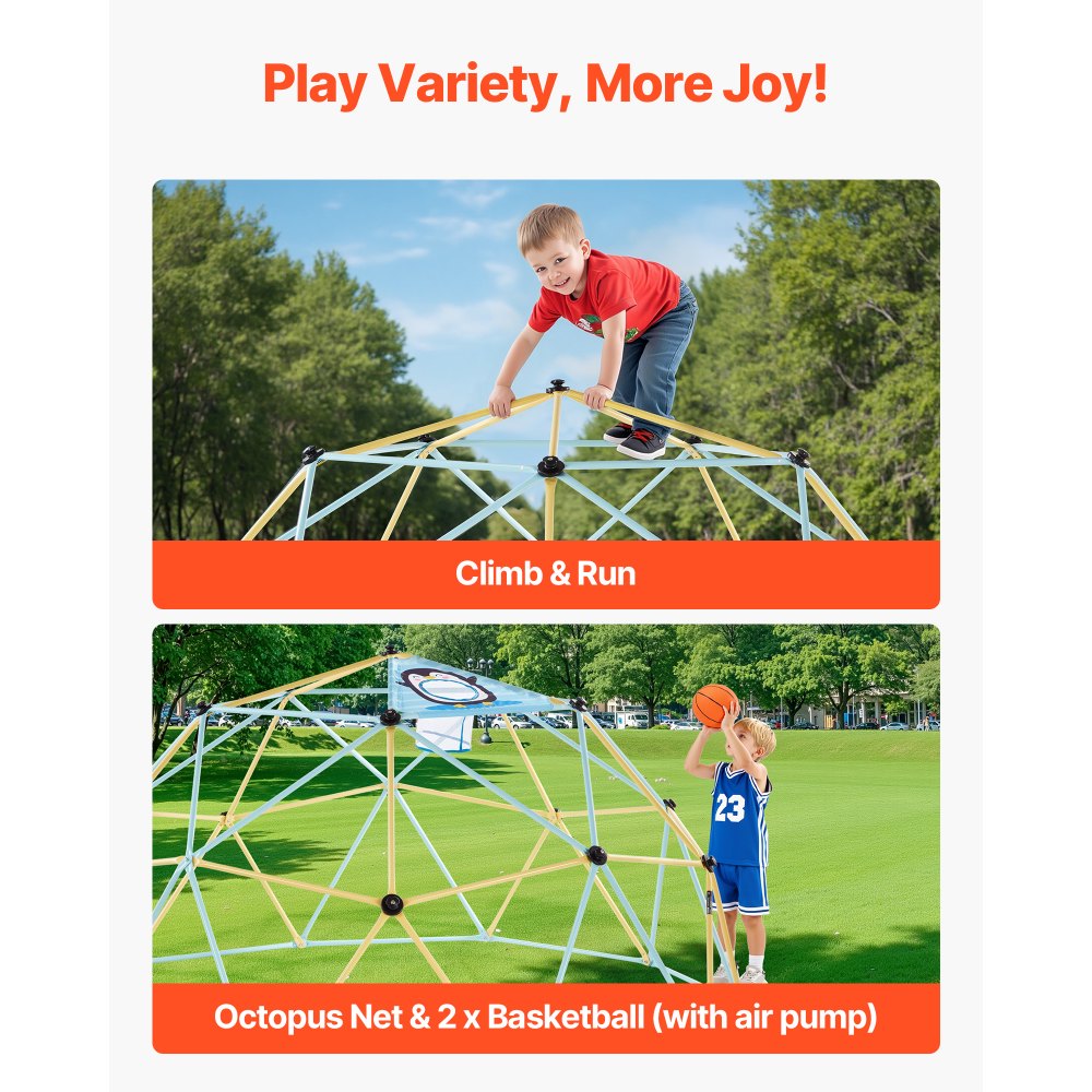 VEVOR Climbing Dome, 10FT Geometric Dome Climber, 1000LBS Loading Jungle Gym Playground with 2 Basketballs & Octopus Net, Easy-Assembly Outdoor Backyard Climbing Equipment for Kids 3 to 10 Years Old