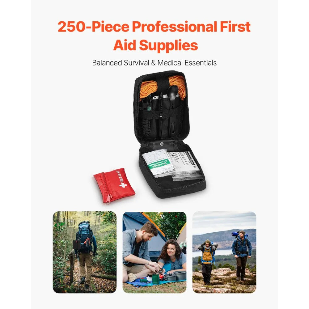 VEVOR Survival First Aid Kit, 250 Pieces, 600D Nylon Trauma First Aid Bag, Survival Gear and Equipment, Emergency Kits, for Men Women Camping, Boat, Earthquake, Hiking, Hunting, and Outdoor Adventure