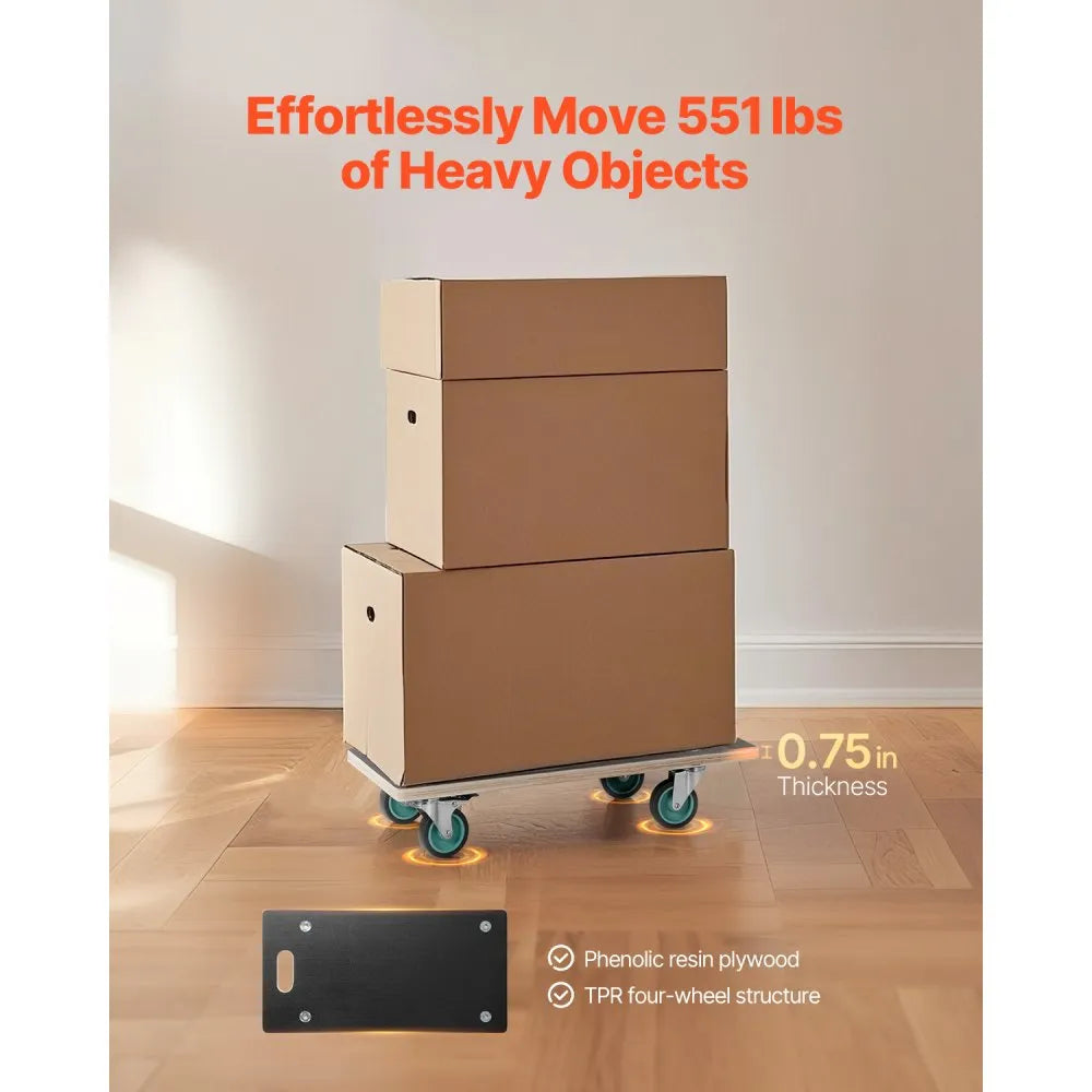 VEVOR Furniture Dolly, 551 lbs Load Capacity, Furniture Moving Dollies with 4 TPR Silent Wheels, Rectangle Multifunctional Flat Dolly for Piano Furniture Couch Washing Machine Fridge, 2 Pack, Black