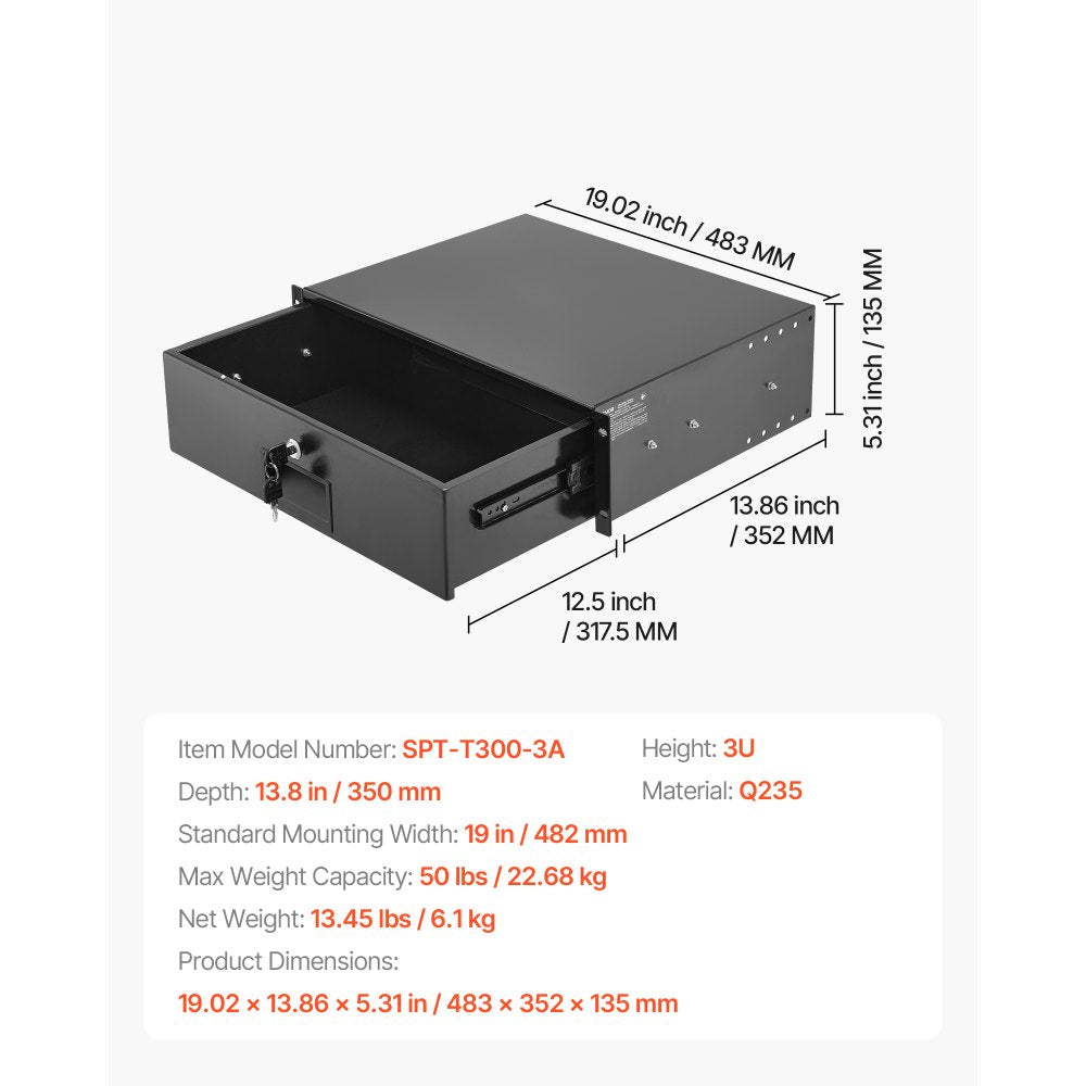 VEVOR 3U Rack Mount Drawer, 50 lbs Max Load-Bearing, Lockable Server Cabinet Case, Sliding Drawer with Lock and Cable Management Holes, for 19 in Network Equipment Server AV Rack or Cabinet Enclosure