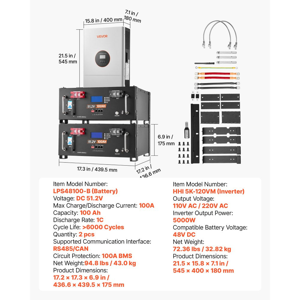 VEVOR Home Power Station Backup Power, 5120Wh, LiFePO4 Lithium Battery, Support Communication, Bluetooth and WiFi, AC 5000W Inverter, Fast Charge, for Home Backup, Emergency, Solar System Components
