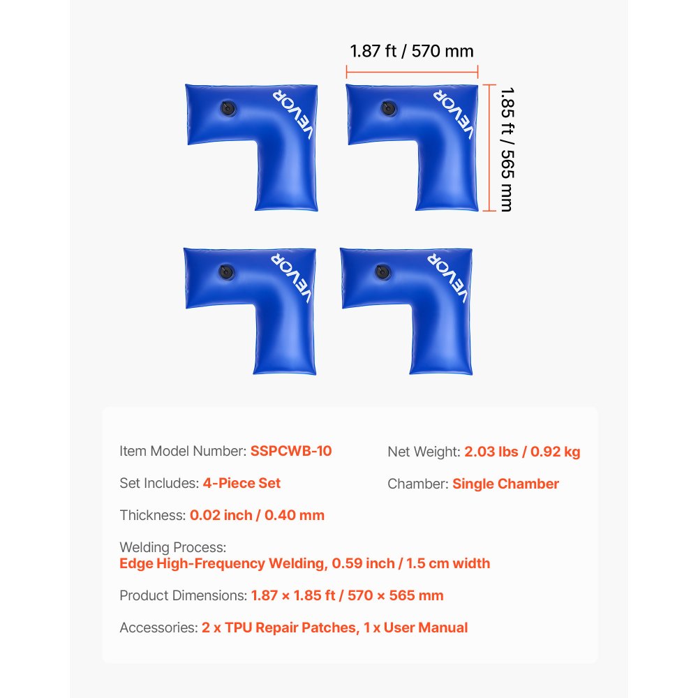 VEVOR Corner Pool Water Tubes, 4 Pack 22.4 x 22.2 in, Corner Winter Water Bags with Leakproof Screw Cap, 0.4mm Heavy Duty PVC, Cold-Resistant Weights for Inground Swimming Pool Covers