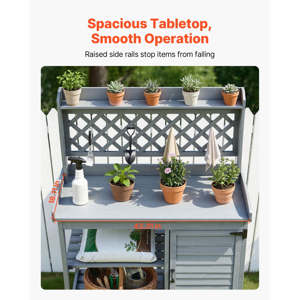 VEVOR Potting Bench Table, Outdoor Gardening Wooden Workstation with Storage Cabinet, Storage Shelves, 43 x 18 in Wood Tabletop, Garden Planting Work Station for Patio, Backyard, Balcony, Gray