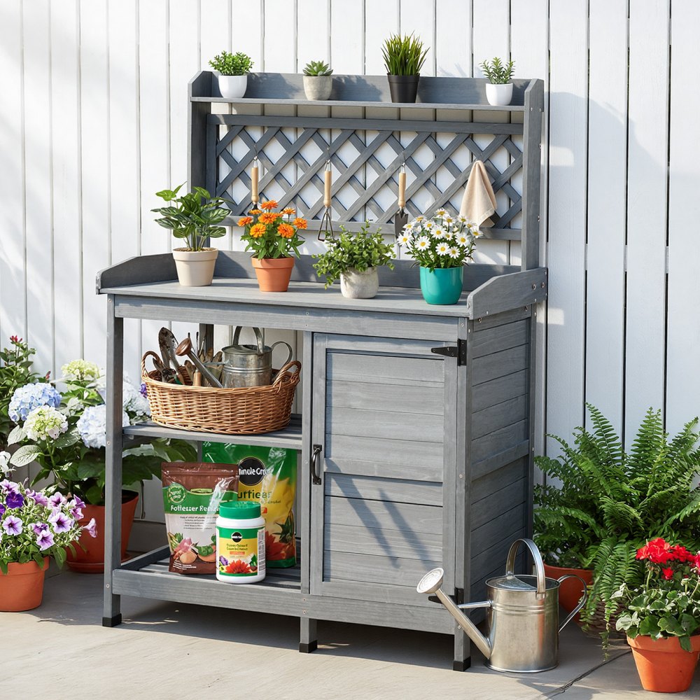 VEVOR Potting Bench Table, Outdoor Gardening Wooden Workstation with Storage Cabinet, Storage Shelves, 43 x 18 in Wood Tabletop, Garden Planting Work Station for Patio, Backyard, Balcony, Gray