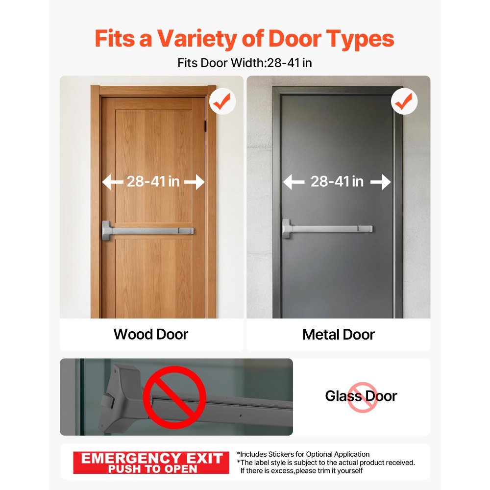 VEVOR Push Bar Panic Exit Device, 28" Premium Metal Commercial Panic Bar for Exit Doors, Emergency Exit Door Hardware with Warning Sticker, Easy Installation, for 28"-41" Wood or Metal Door, Silver