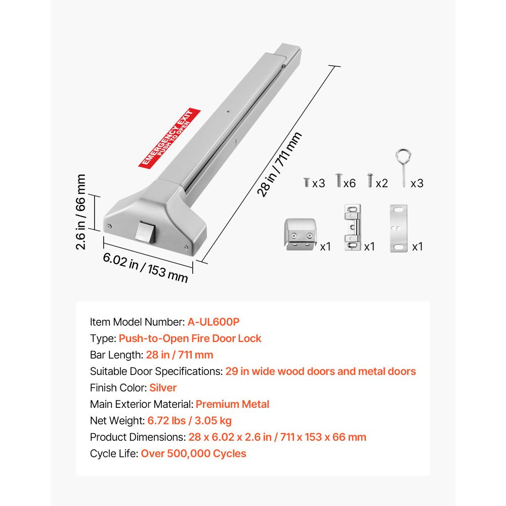 VEVOR Push Bar Panic Exit Device, 28" Premium Metal Commercial Panic Bar for Exit Doors, Emergency Exit Door Hardware with Warning Sticker, Easy Installation, for 28"-41" Wood or Metal Door, Silver