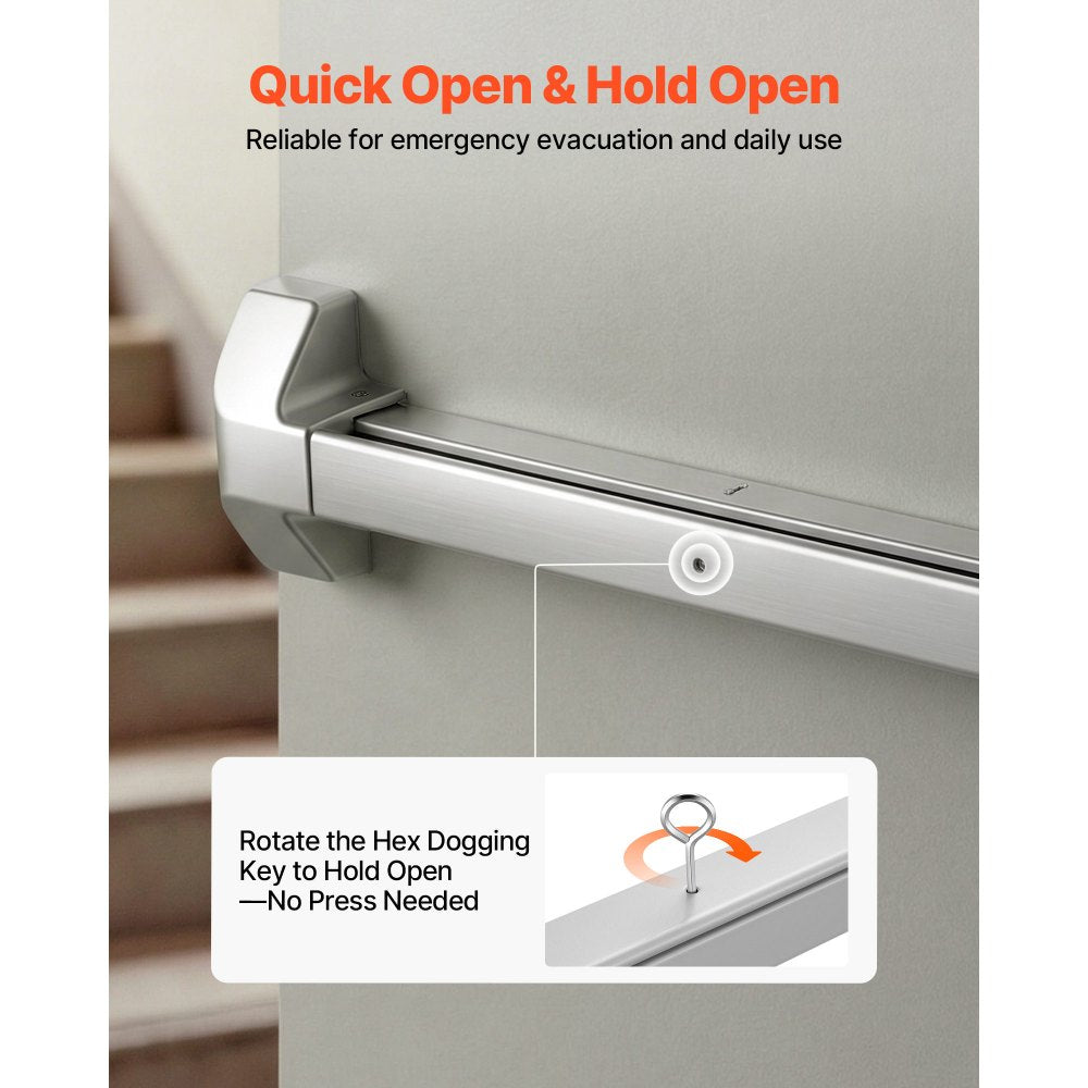 VEVOR Push Bar Panic Exit Device, 31" Stainless Steel Commercial Panic Bar for Exit Doors, Emergency Exit Door Hardware with Dual Locking Bolt and Sticker, for 31"-46" Wood or Metal Door, Silver