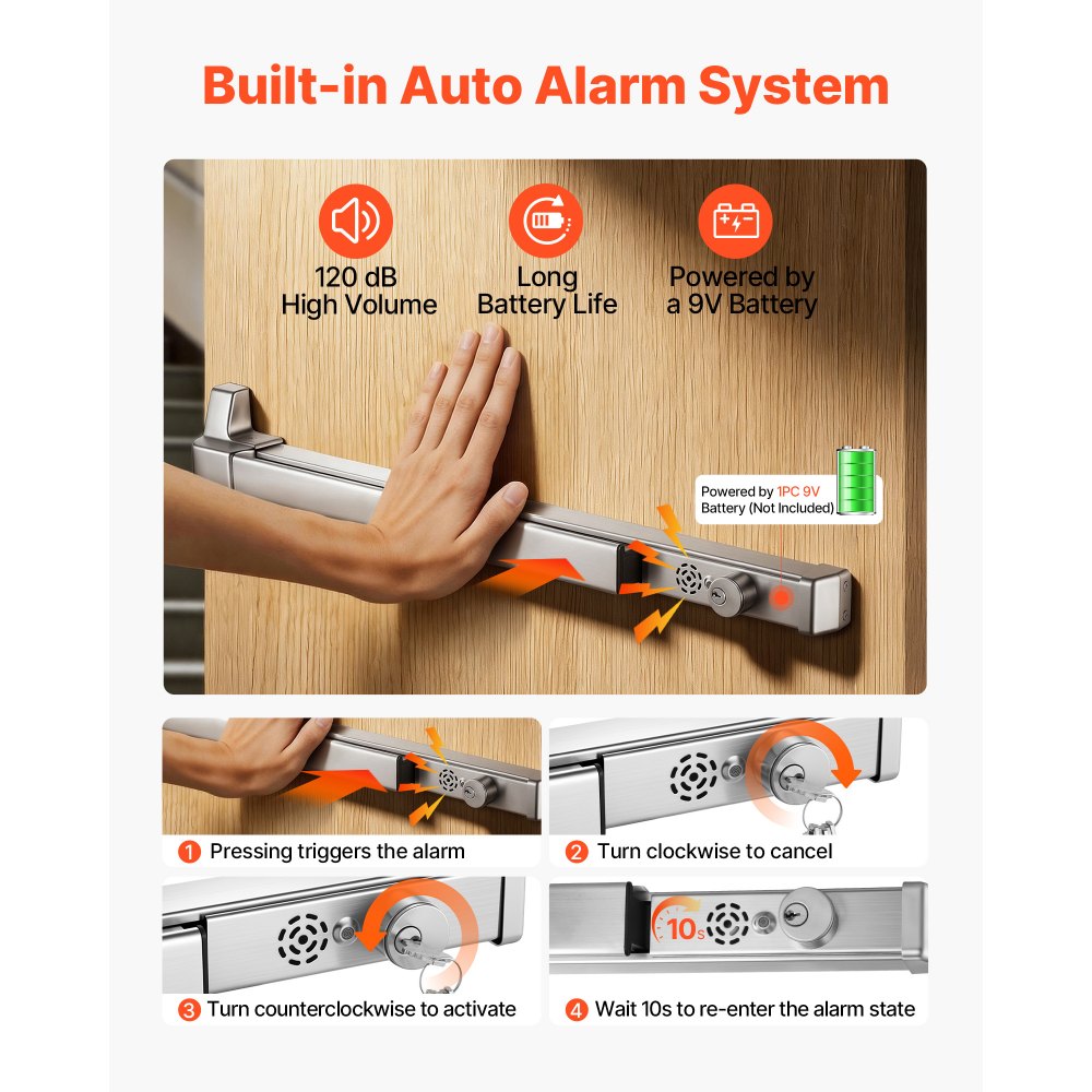 VEVOR Push Bar Panic Exit Device, 31" Stainless Steel Commercial Panic Bar for Exit Doors, Emergency Exit Door Hardware with Auto Alarm System and Sticker, for 31"-46" Wood or Metal Door, Silver