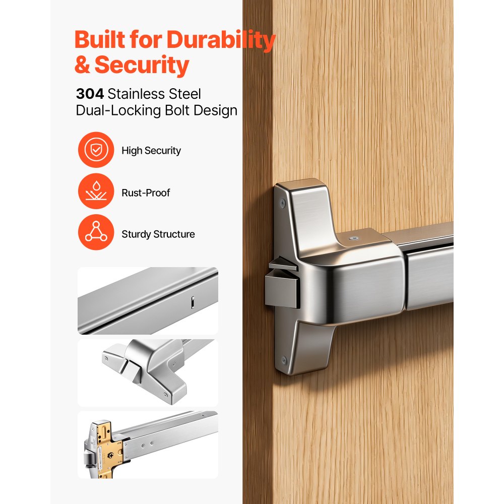 VEVOR Push Bar Panic Exit Device, 31" Stainless Steel Commercial Panic Bar for Exit Doors, Emergency Exit Door Hardware with Auto Alarm System and Sticker, for 31"-46" Wood or Metal Door, Silver