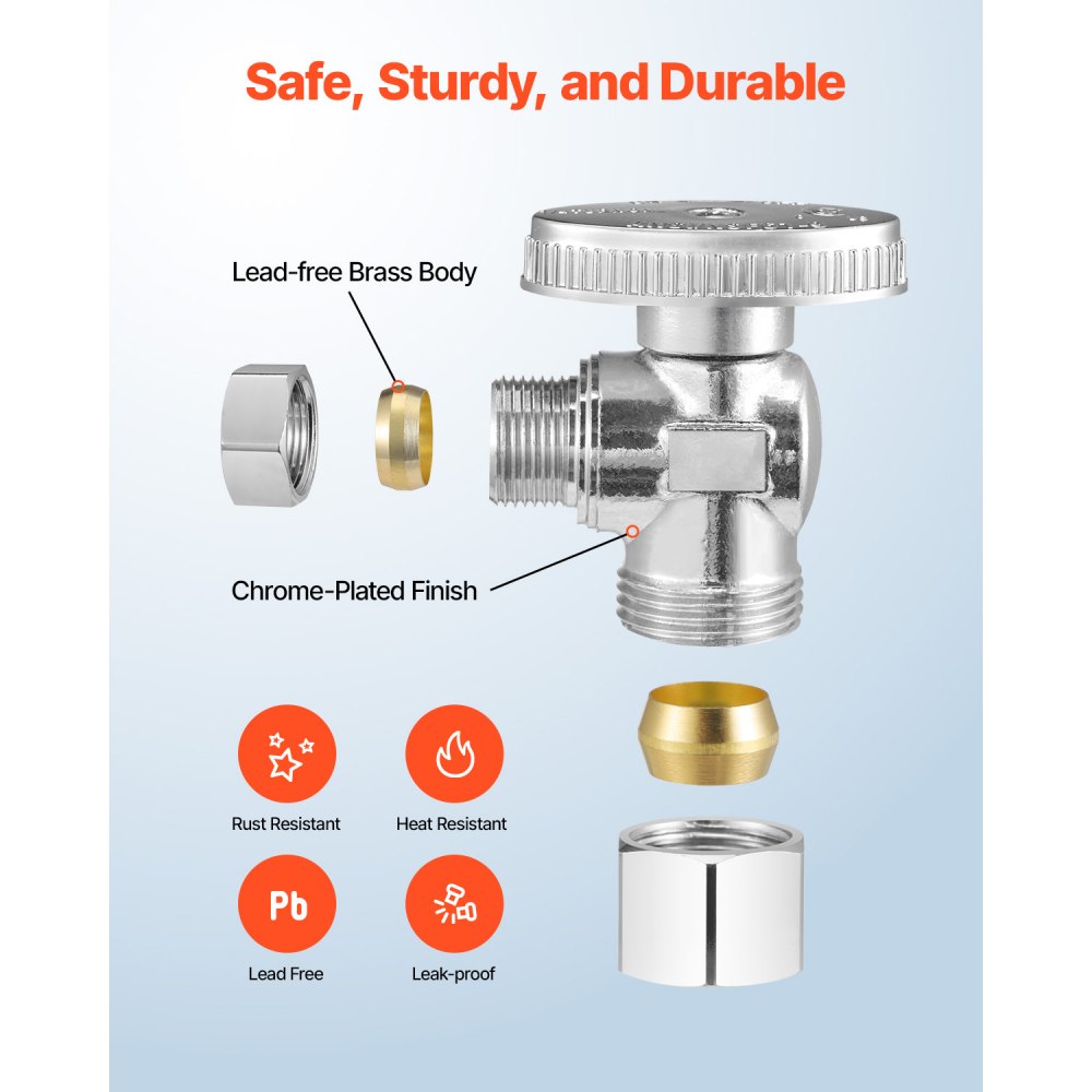 VEVOR 10-Pack Angle Stop Valve, 1/4 Turn Water Shut Off Valves, 1/2" Nominal (5/8" OD) Compression Inlet x 3/8" OD Compression Outlet Shutoff Valve for Bathroom Kitchen Toilet Shower Plumbing