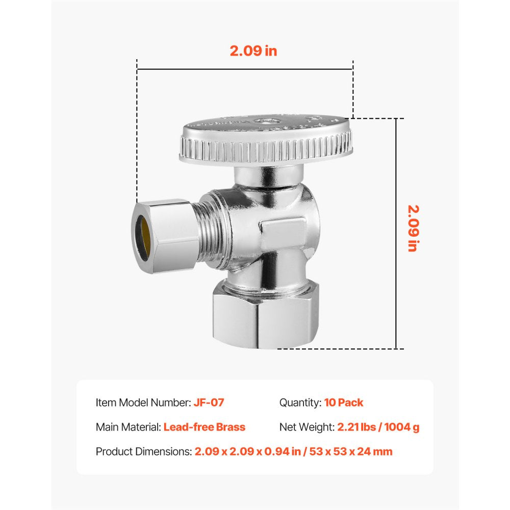 VEVOR 10-Pack Angle Stop Valve, 1/4 Turn Water Shut Off Valves, 1/2" Nominal (5/8" OD) Compression Inlet x 3/8" OD Compression Outlet Shutoff Valve for Bathroom Kitchen Toilet Shower Plumbing