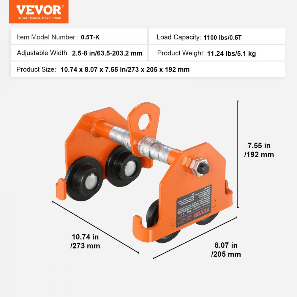 VEVOR Manual Trolley, 1100 lbs/0.5 Ton Load Capacity, Push Beam Trolley with Dual Wheels, Adjustable for I-Beam Flange Width 2.5" to 8", Heavy Duty Alloy Steel Garage Hoist for Straight Curved I Beam