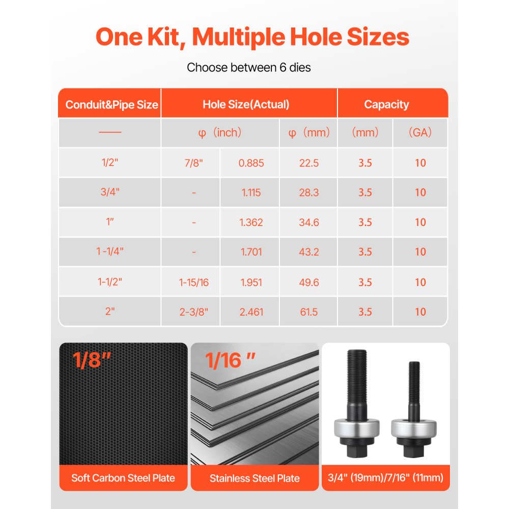 VEVOR Knockout Punch Set, 1/2 to 2 inch SLUG-Buster Ratchet Knockout Set, Ratchet Wrench Knockouts Punch Sets for Aluminum, Mild steel, Fiberglass, Plastics, 6 Die Sizes, 40Cr Steel Ko Tool Kit