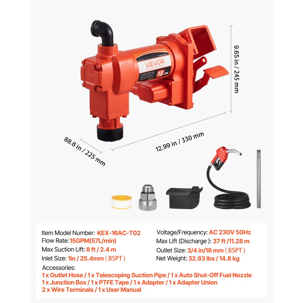 VEVOR Fuel Transfer Pump 110V, 15 GPM 57 L/min, AC Electric Oil Transfer Pump, with Auto Shut-Off Fuel Nozzle & Discharge Hose, High Flow Kit for Gasoline, Diesel, Kerosene, Biodiesel, Ethanol Blends