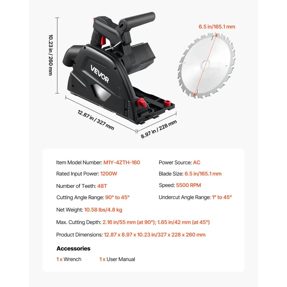 VEVOR Track Saw, 6-1/2-Inch, Plunge-Cut Circular Saw Kit, Tracksaw with 48-Tooth Carbide-Tipped Blade, 0-45° Angle Adjustment, 2.16 in Cutting Depth, for Wood, Plastic, Guide Rail Not Included, Black