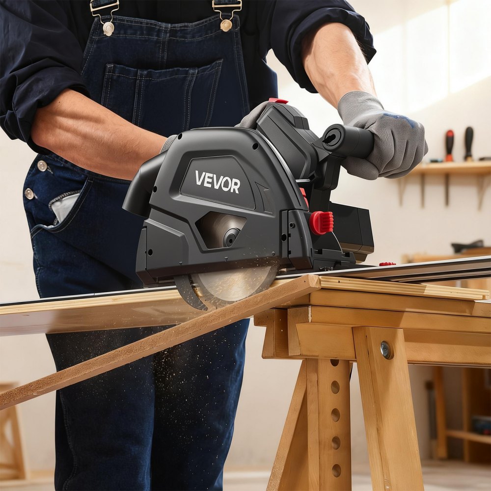 VEVOR Track Saw, 6-1/2-Inch, Plunge-Cut Circular Saw Kit, Tracksaw with 48-Tooth Carbide-Tipped Blade, 0-45° Angle Adjustment, 2.16 in Cutting Depth, for Wood, Plastic, Guide Rail Not Included, Black