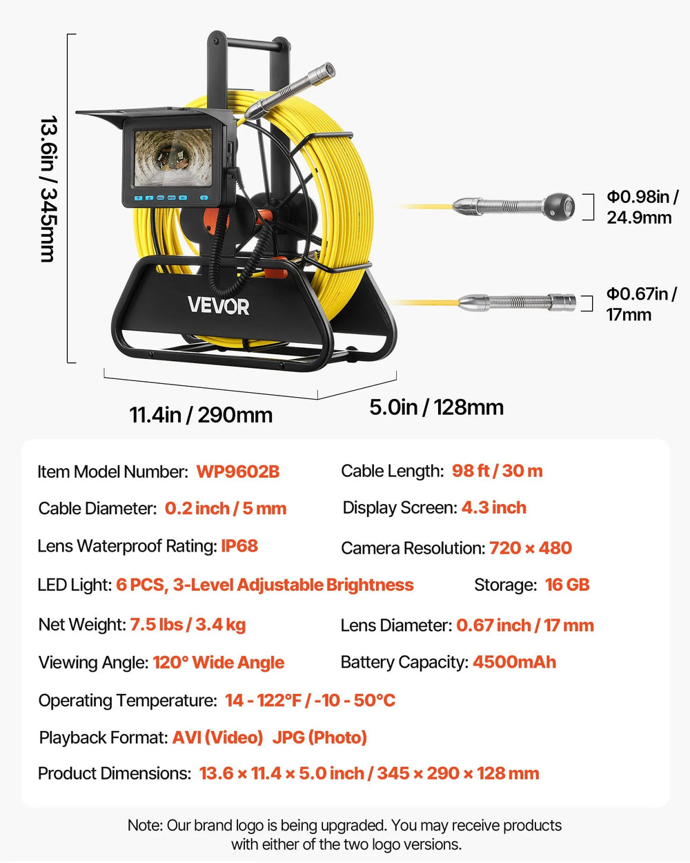 VEVOR Sewer Camera, 98 ft/30m, 4.3" Drain Inspection Camera, IP68 Waterproof Snake Plumbing Camera with Lights - 6 Adjustable LEDs, 4500mAh Battery & 16GB Card for Sewer Line Duct Pipes