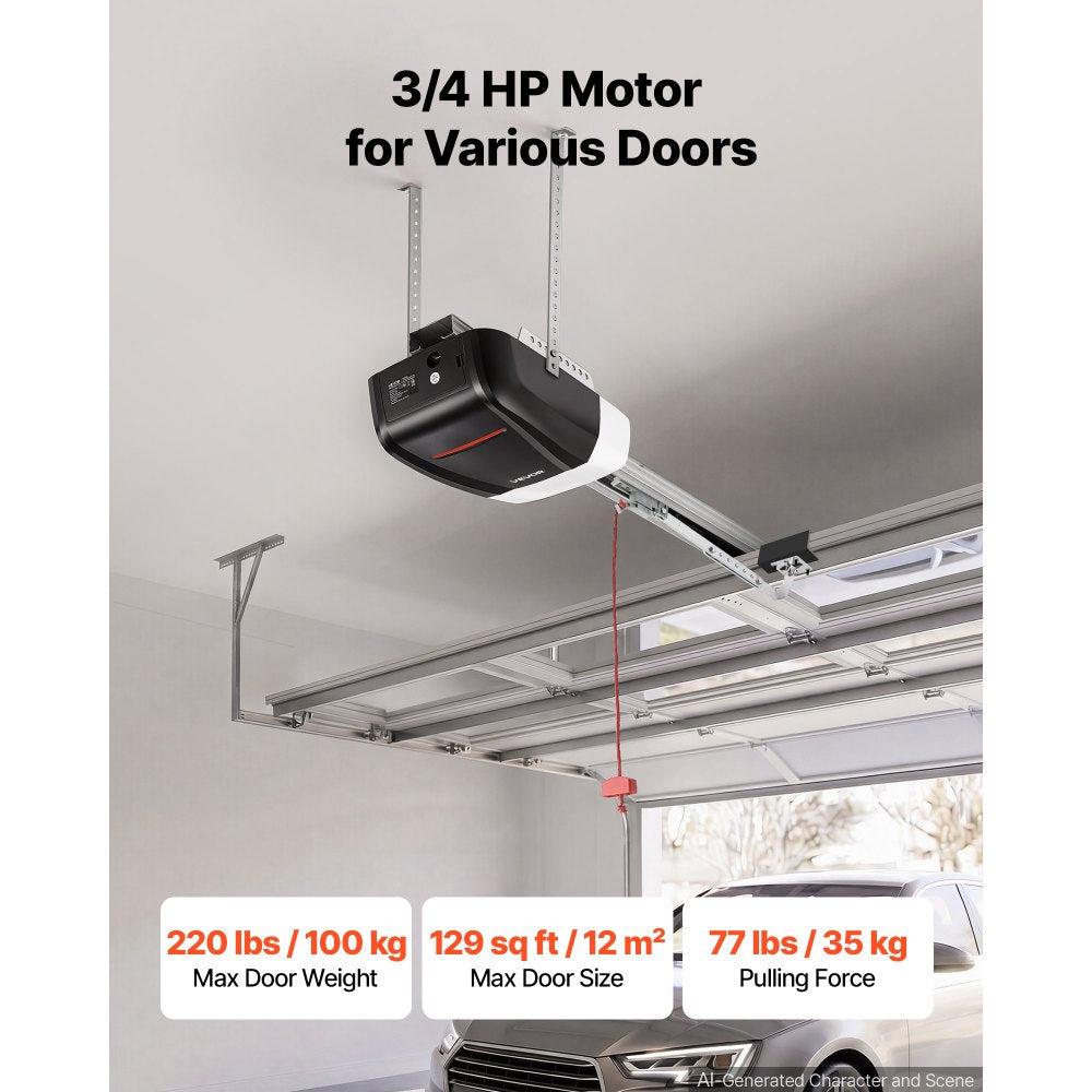 VEVOR Garage Door Opener 3/4 HP Ultra-Quiet Belt Drive WiFi Smart Opener, for Residential Garage, Includes Durable Rail, 3 Remotes, Smartphone App Control, Obstacle Sensor & LED Light, Black & White