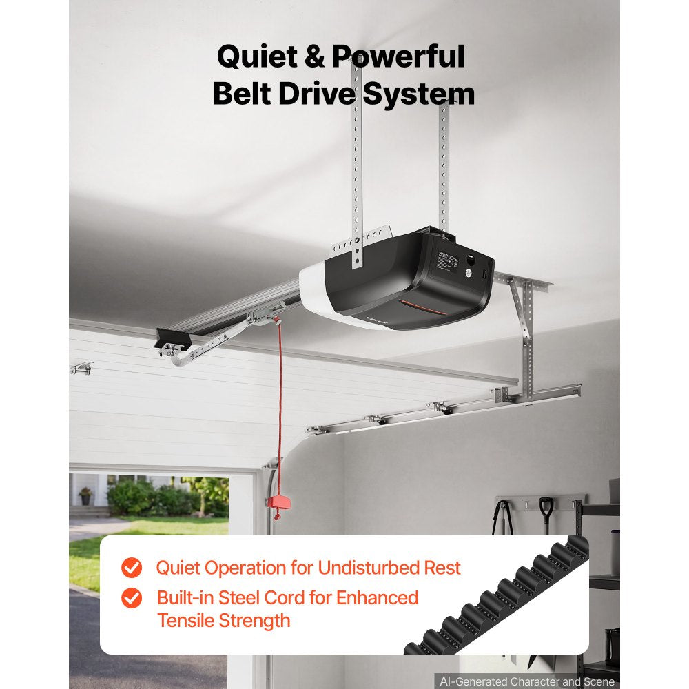 VEVOR Garage Door Opener 1/2 HP Ultra-Quiet Belt Drive WiFi Smart Opener, for Residential Garage, Includes Durable Rail, 3 Remotes, Smartphone App Control, Obstacle Sensor & LED Light, Black & White
