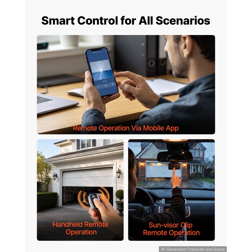 VEVOR Garage Door Opener 1/2 HP Heavy Duty Chain Drive WiFi Smart Opener, for Residential Garage, Includes Durable Rail, 3 Remotes, Smartphone App Control, Obstacle Sensor & LED Light, Black & White
