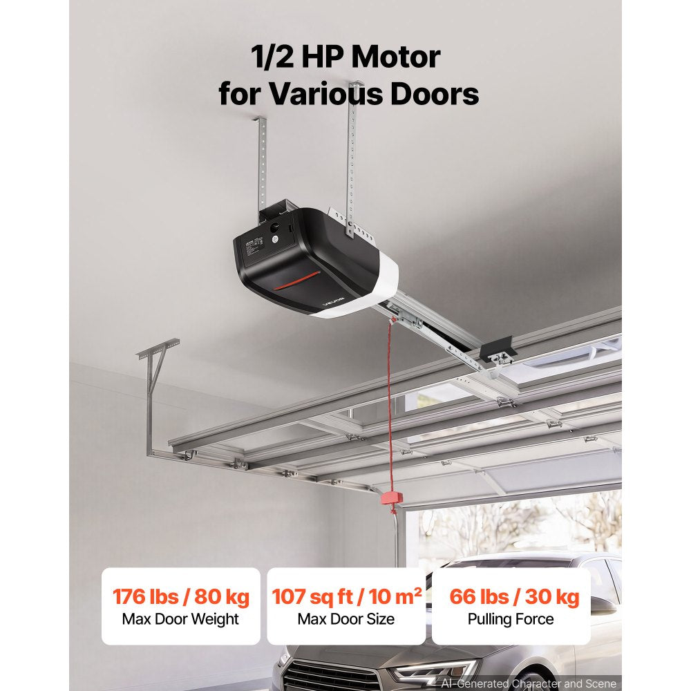 VEVOR Garage Door Opener 1/2 HP Heavy Duty Chain Drive WiFi Smart Opener, for Residential Garage, Includes Durable Rail, 3 Remotes, Smartphone App Control, Obstacle Sensor & LED Light, Black & White