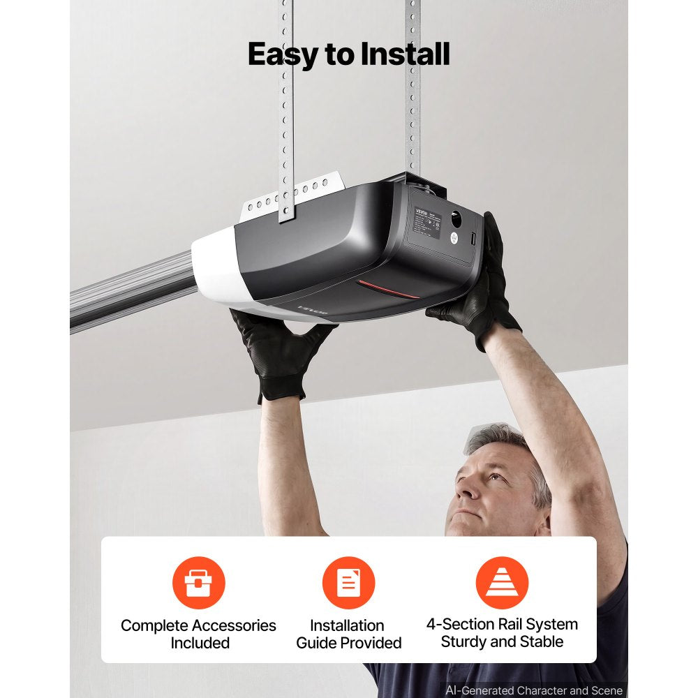 VEVOR Garage Door Opener 1/2 HP Heavy Duty Chain Drive WiFi Smart Opener, for Residential Garage, Includes Durable Rail, 3 Remotes, Smartphone App Control, Obstacle Sensor & LED Light, Black & White