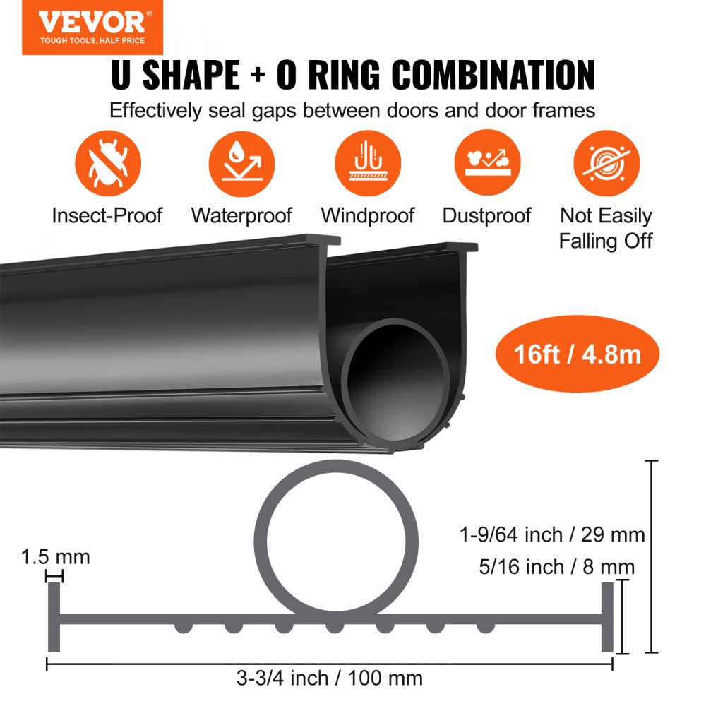 VEVOR Garage Door Seals Bottom Rubber, U Shape +O Ring Garage Door Weather Stripping, Universal Weatherproof Threshold Buffering Sealing Rubber , 5/16 inch T-ends and 3 3/4 inch Width (16 Ft, Black)