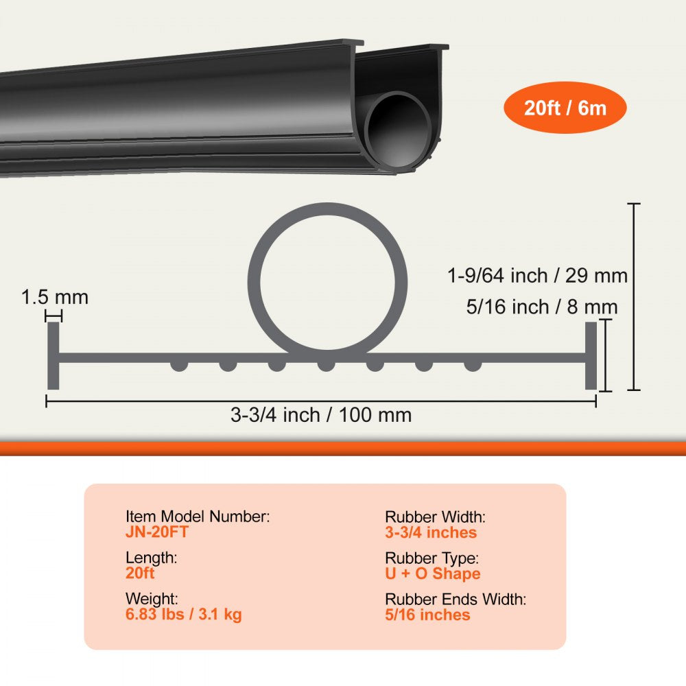 VEVOR Garage Door Seals Bottom Rubber, U Shape +O Ring Garage Door Weather Stripping, Universal Weatherproof Threshold Buffering Sealing Rubber , 5/16 inch T-ends and 3 3/4 inch Width (20 Ft, Black)