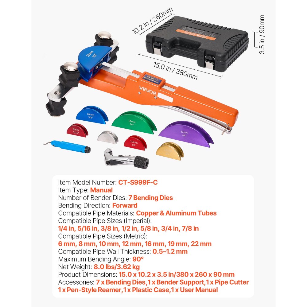 VEVOR Tubing Bender Kit, 1/4 to 7/8 Inch, Compact Ratcheting Tube Pipe Bender, Ratchet Hand Bending Tool, with 7 Color Aluminium Alloy Dies, HVAC Tools, for Copper HVAC Air Conditioning Refrigeration