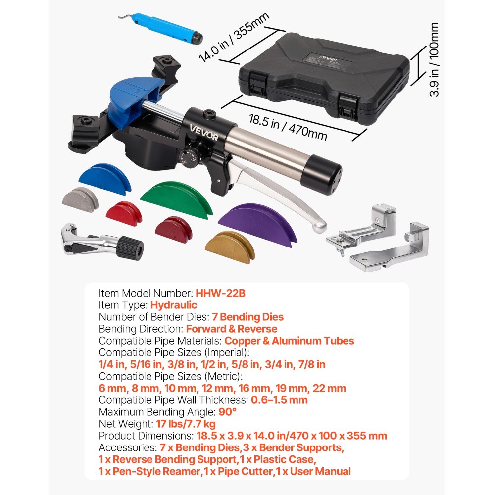 VEVOR Hydraulic Tubing Bender Kit, 1/4 to 7/8 Inch, Copper Tube Pipe Bender, Forward/Reverse HVAC Bending Tool, with 7 Color Aluminium Alloy Dies, for HVAC Air Conditioning Refrigeration Auto Repair