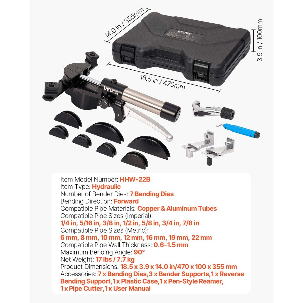 VEVOR Hydraulic Tubing Bender Kit, 1/4 to 7/8 Inch, Copper Tube Pipe Bender, Forward/Reverse HVAC Bending Tool Set, with 7 Aluminium Alloy Dies, for HVAC Air Conditioning Refrigeration Auto Repair